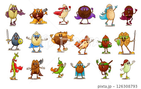 Groovy superhero nut and bean characters. Retro hippie almond, walnut, peanut and hazelnut vector personages wearing superhero capes and masks. Cartoon groovy pistachio, coconut and brazil nuts Groovy superhero nut and bean characters. Retro hippie almond, walnut, peanut and hazelnut vector personages wearing superhero capes and masks. Cartoon groovy pistachio, coconut and brazil nuts 126308793