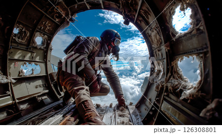 An airborne soldier jumps out of a military aircraft mid-air. The concept of courage, tactical operations, military training, and high-risk airborne deployment. Generative AI. 126308801