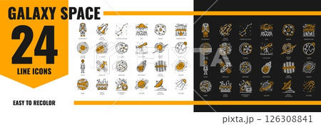 Line galaxy space icons, vector astronomy science. Space rocket, Moon and Earth planets, astronaut, alien and UFO outline signs. Line spaceship, satellite, telescope, comet and star constellation Line galaxy space icons, vector astronomy science. Space rocket, Moon and Earth planets, astronaut, alien and UFO outline signs. Line spaceship, satellite, telescope, comet and star constellation 126308841