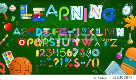 School education font, abc typeface, kids english type alphabet letters vector typography. Cartoon school stationery and student tools alphabet font letters and numbers at class chalk board background 126308878