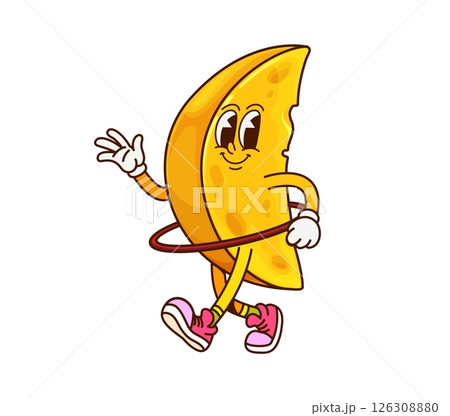 Cheese groovy cute character with hula hoop. Cheddar dairy food wedge vintage mascot, emmental cheese slice groovy vector funny personage. Parmesan piece cartoon happy retro character on fitness 126308880