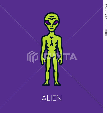 Space galaxy alien humanoid color line icon. Cosmos extraterrestrial life form outline icon, space discovery lineart vector symbol. Galaxy outerspace thin line icon with green alien character 126308893