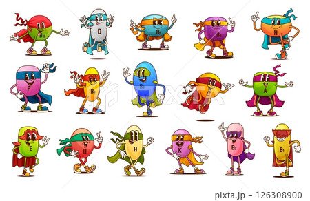 Cartoon groovy vitamin characters in superhero costumes representing health and vitality. Vector B12, D, b6, and N, P and C, E, U and H and K, B2 or B1 micronutrient capsules promote wellness 126308900