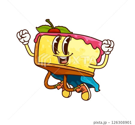 Cartoon groovy cheesecake superhero or fast food cake character vector personage. Funny groovy cheesecake superhero with happy face in mantle or power cape for kids cartoon character 126308901