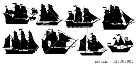 Pirate sail ships silhouettes of corsair sailboats and frigate boats, vector set. Pirate ship silhouettes of marine vessels, corsair warship with black sails and flags, battleship boats and barques 126308903