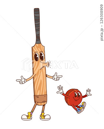 Cricket sport game groovy funny character. Game championship cheerful cartoon vector mascot, cricket bat and ball funny 60s 70s characters. Sport club match happy hippie vintage character or personage 126308909