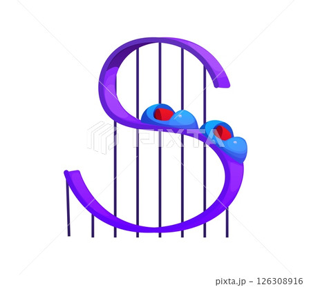 Cartoon letter S styled as rollercoaster track in a circus font theme. Vector retro carnival and amusement park typeface, entertainment type, kids English alphabet, playful abc typography character 126308916