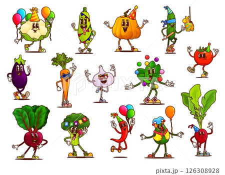 Cartoon groovy vegetable characters on holiday party. Happy retro vegan food personages of psychedelic tomato, carrot, pepper and broccoli. Groovy avocado, garlic and spinach with balloons and hats 126308928