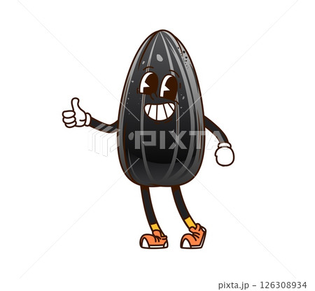 Cartoon groovy sunflower seed and nut character flashing thumbs up gesture, exuding happy y2k hippie vibe with a wide smile. Vector retro grain healthy food personage wearing trendy vintage sneakers 126308934