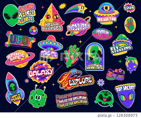 Alien and UFO y2k galaxy groovy stickers, outer...のイラスト素材 [126308973 ...