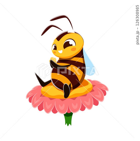Cartoon honey bee character or cute honeybee sitting on flower, vector insect mascot for kids. Funny comic bee or bumblebee with happy face and resting on garden flower for kids cute insect mascot 126308985