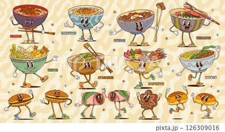 Cartoon retro groovy asian cuisine characters of rice bowls and dessert food. Psychedelic hippie vector personages of sweet buns and pancakes with red bean pasta, meat, fish and seafood rice dishes 126309016