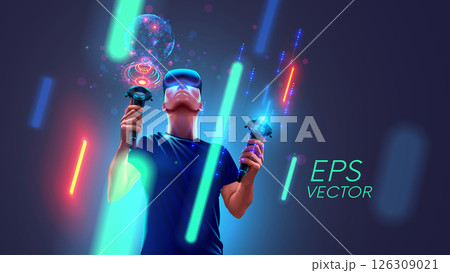 Concept of virtual reality technology. Man with virtual reality VR headset or goggle , controllers in hand for VR glasses in virtual simulation of metaverse. 126309021