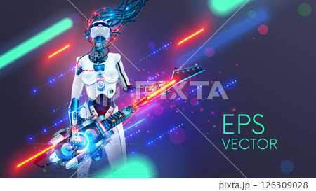 Robot rock musician plays guitar at concert. Cyborg rocker performs electronic music, knocks out sparks from an futuristic electric guitar. Robot guitarist. Cool beautiful cyborg girl rocker with AI. 126309028
