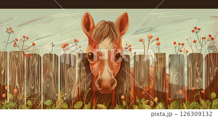 cartoon of little mini horse foal at meadow, children's book illustration, copy space. kindergarten, junior school, hospital 126309132