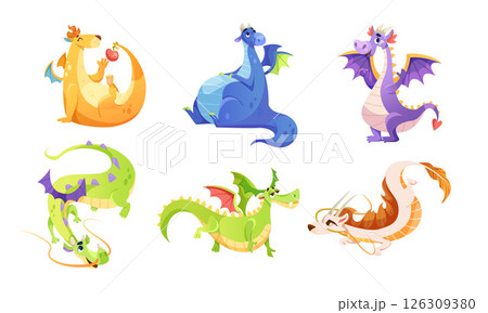 Colorful Pixel Art Dragons Displaying a Variety of Playful Poses and Expressions 126309380
