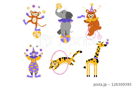 A whimsical and enchanting scene of various circus animals joyfully performing their amazing tricks 126309395