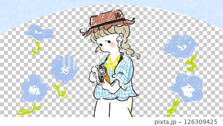 戴著帽子和粉蝶花的女孩的插圖 126309425