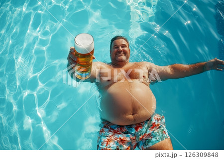 A man with a belly relaxes in a pool, holding a frothy beer mug, with sunlight reflecting on water 126309848