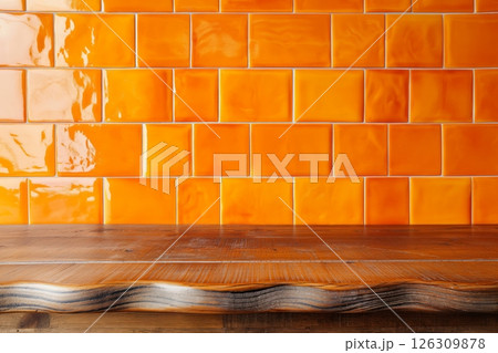 Glossy orange tiles with vivid reflections, highlighted by a rustic wooden surface with natural grain Glossy orange tiles with vivid reflections, highlighted by a rustic wooden surface with natural grain 126309878
