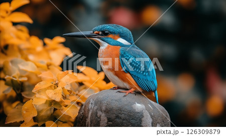 Blue and orange kingfisher perched on a rock surrounded by golden autumn foliage Blue and orange kingfisher perched on a rock surrounded by golden autumn foliage 126309879