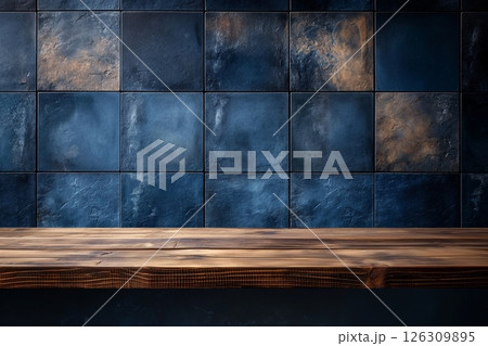 Bold blue and bronze textured tiles with a rustic finish, paired with a wooden table in a warm tone Bold blue and bronze textured tiles with a rustic finish, paired with a wooden table in a warm tone 126309895