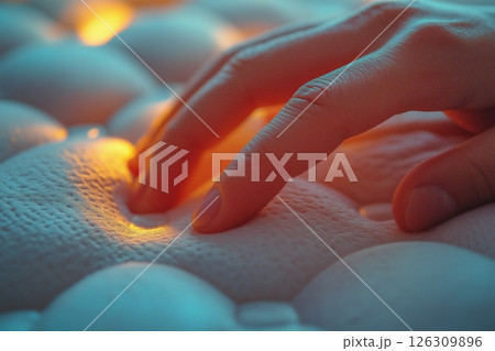 A hand pressing into a glowing memory foam mattress, showcasing its softness and responsiveness 126309896