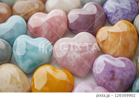 Pastel colored polished heart-shaped stones with glossy surfaces arranged in a beautiful pattern 126309902