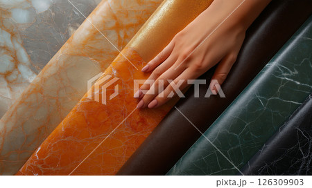 A hand touching vibrant marble samples in shades of orange, green, gold, and black with glossy finishes 126309903
