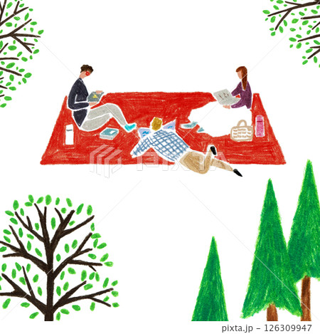 手描きイラスト　レジャーシートでくつろぐ人々 126309947