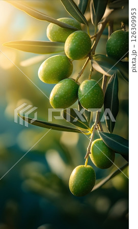 Green olives hanging gracefully from a branch, surrounded by glossy leaves and soft, warm light 126309953