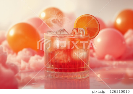 A glass of orange cocktail with ice, steaming softly, surrounded by pink balloons and reflections 126310019