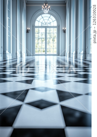 A bright hallway with a glossy black and white checkered floor, arched windows, and chandeliers 126310028