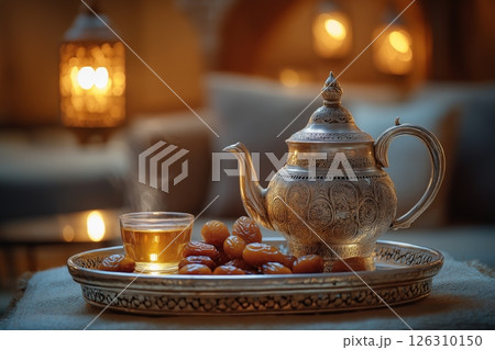 A detailed silver teapot with a cup of amber tea and dates, placed on an ornate tray with warm lighting A detailed silver teapot with a cup of amber tea and dates, placed on an ornate tray with warm lighting 126310150