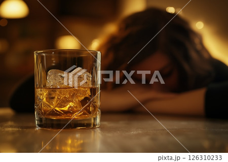 A whiskey glass with ice on a table, woman resting her head in soft, warm bar lighting A whiskey glass with ice on a table, woman resting her head in soft, warm bar lighting 126310233