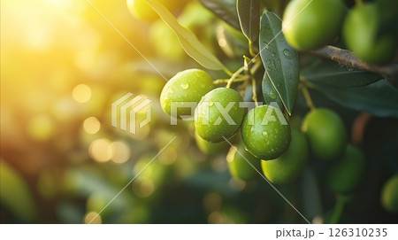 Fresh green olives covered in dewdrops, glowing in golden sunlight on a branch with vibrant leaves Fresh green olives covered in dewdrops, glowing in golden sunlight on a branch with vibrant leaves 126310235
