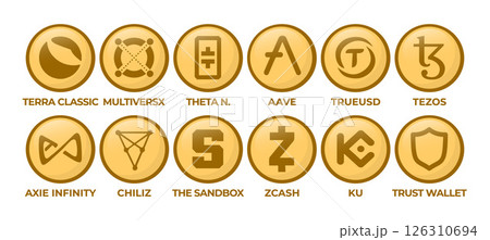 Set of Cryptocurrency Logo Coins: Terra Classic, MultiversX, Theta Network, Aave, TrueUSD, Tezos, Axie Infinity, Chiliz, The Sandbox, Zcash, KuCoin, Trust Wallet Set of Cryptocurrency Logo Coins: Terra Classic, MultiversX, Theta Network, Aave, TrueUSD, Tezos, Axie Infinity, Chiliz, The Sandbox, Zcash, KuCoin, Trust Wallet 126310694