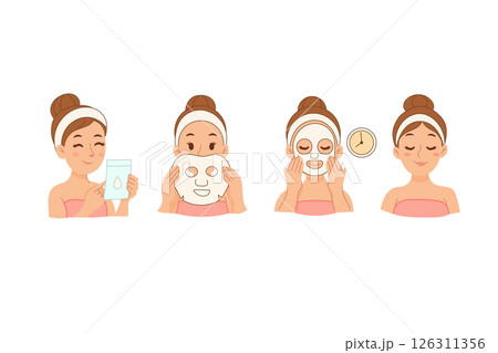 Girl applying moisturizing face sheet mask in skincare steps 126311356