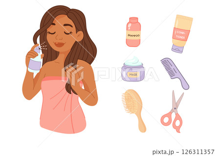 Woman using haircare products with various cosmetic tools 126311357