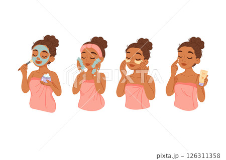 Woman doing step by step facial skincare routine process 126311358