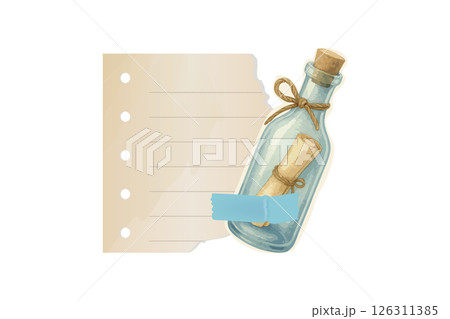 Vintage message in bottle with torn paper sticker background 126311385