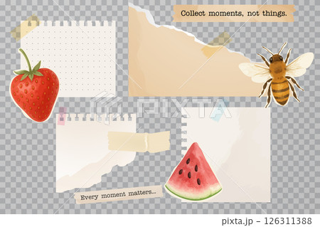 Summer themed transparent paper stickers with fruits and positive quotes Summer themed transparent paper stickers with fruits and positive quotes 126311388