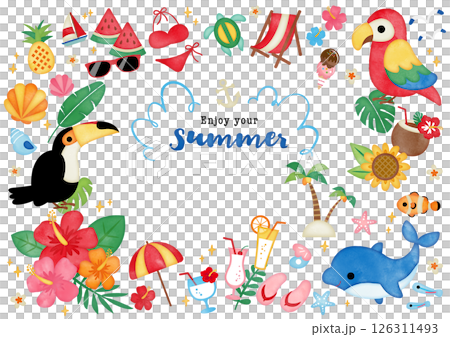 Watercolor hand-drawn summer tropical frame Watercolor hand-drawn summer tropical frame 126311493