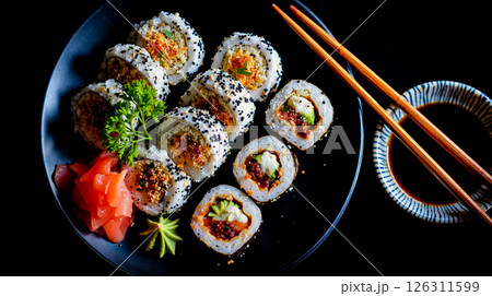 A plate of sushi and chopsticks on a black plate 126311599