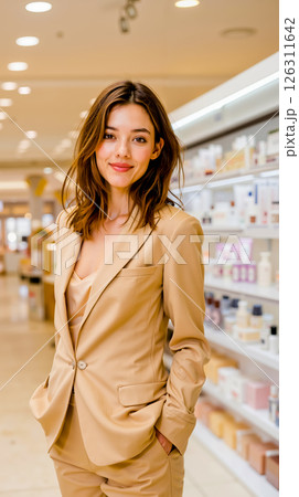 A woman in a beige suit standing in a store 126311642