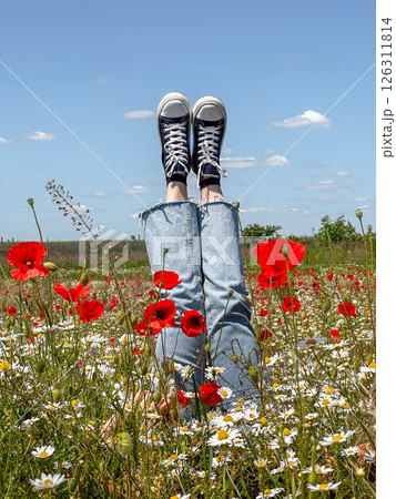 Relaxing in a Field of Poppies and Daisies 126311814