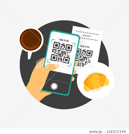 QR code payment concept with smartphone scanning receipt for contactless checkout in cafe, highlighting mobile qr payment ease, secure transactions and e-commerce integration. Vector illustration 126312144