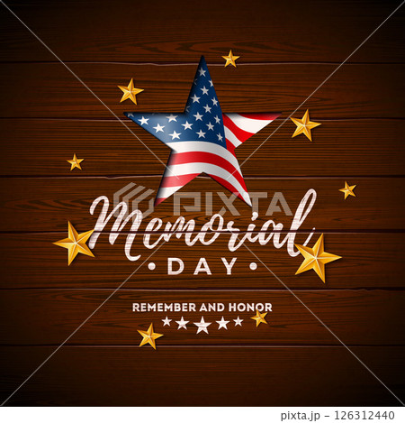 Memorial Day of the USA Banner Illustration with American Flag, Gold Star and Typography Lettering on Vintage, Wood Background. Vector National Patriotic Celebration Design for Postcard, Flyer 126312440
