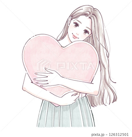 ハートを抱きしめる女性のイラスト ハートを抱きしめる女性のイラスト 126312501