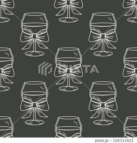 Elegant wine glasses with bows seamless pattern. Festive background. Hand drawn sketch illustration. 126312822